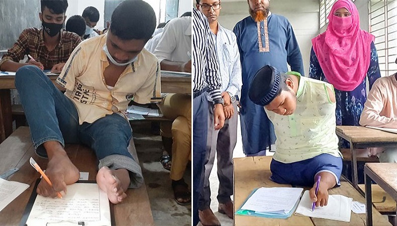 পা দিয়ে লিখেই পরীক্ষা দিচ্ছেন মানিক-রাসেল