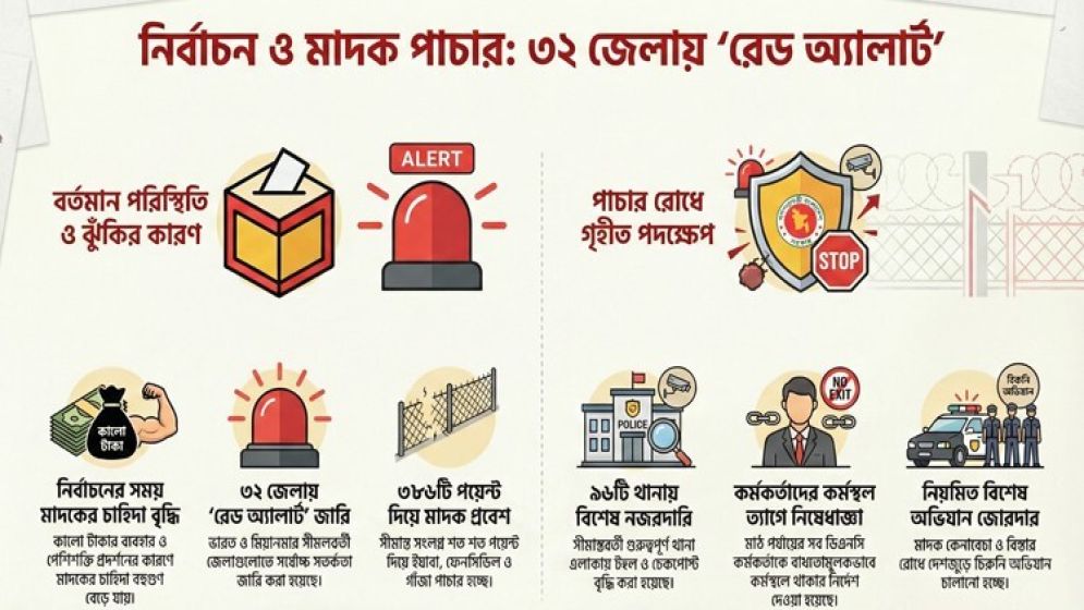 নির্বাচন ঘিরে মাদকের বাজার রমরমা, ৩২ জেলায় ‘রেড অ্যালার্ট’